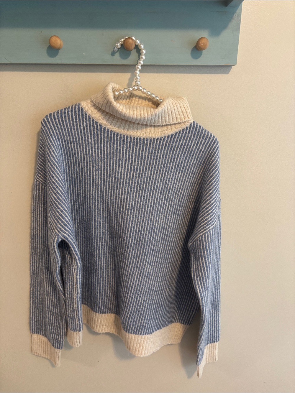 STACCATO Women's Large Striped Knit Sweater Blue Cream Ribbed Turtleneck Top